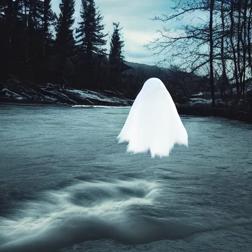 Image similar to photo of a ghost floating over a river, fur, realistic, national geographic