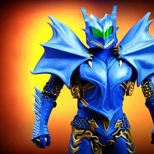 Image similar to High Fantasy Dragon Kamen Rider, blue armor with red secondary color, 4k, glowing eyes, daytime, chainmail under armor, rubber suit, dragon inspired armor