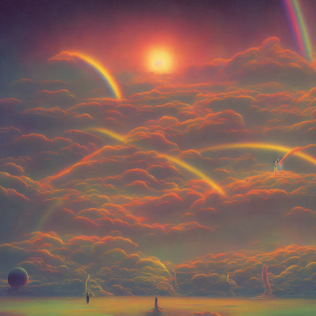 Image similar to a scifi apocalipse in space of a spiritual being dreaming psychedelic hallucinations in cosmos, rainbow colored clouds, by kawase hasui, moebius, Edward Hopper and James Gilleard, Zdzislaw Beksinski, Steven Outram, unreal engine, highly rendered, hd, 8k, artstation