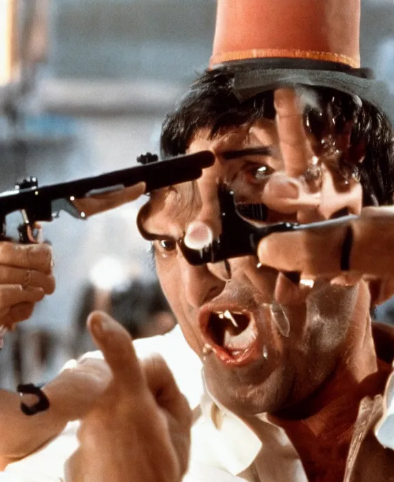 Image similar to tony montana from movie scarface 1 9 8 3. staying with m 1 6 riffle. al pacino, extreme long shot, perfect symmetric face, coherent eyes, fine details, 4 k, ron cobb. cinestill