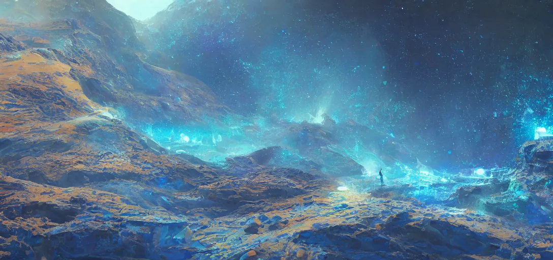 Prompt: a sparkling blue desert with streams of coloured sand glittering with alien rock formations, artstation 3 d, oil painting, vast, epic composistion