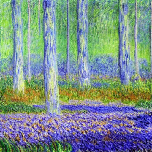 Image similar to mushroom forest, painted by monet, highly detailed, highly intricate, sense of scale, vast, mysterious, purple, smoke