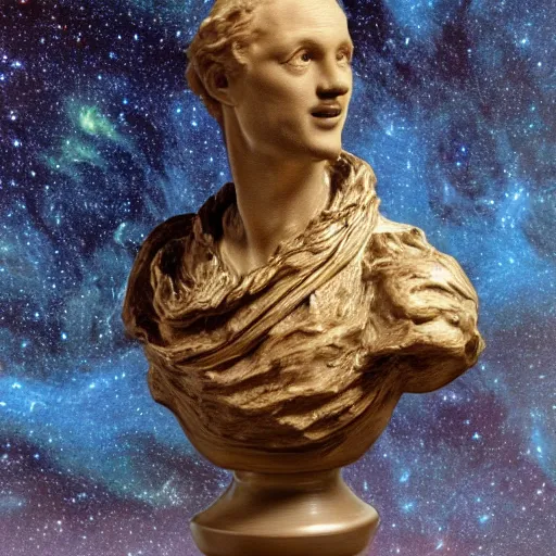 Image similar to ceramic bust by jean - francois millet lavish. a computer art of a dragon in space. the dragon is in the foreground with its mouth open rows of sharp teeth. coiled & ready to strike, its tail is wrapped around a star in the background. background is full of stars & galaxies.