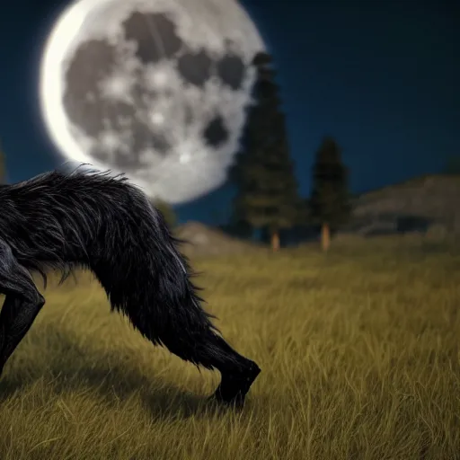 Prompt: young man transforming into a feral werewolf under the moon with black soft realistic fur, ultra detail, unreal engine, 8 k