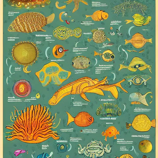 Prompt: poster with illustrations of alien aquatic life forms