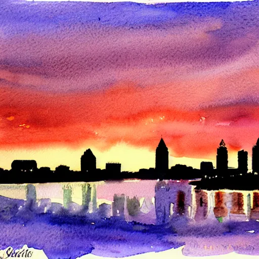 Prompt: cleveland, watercolor, sunset