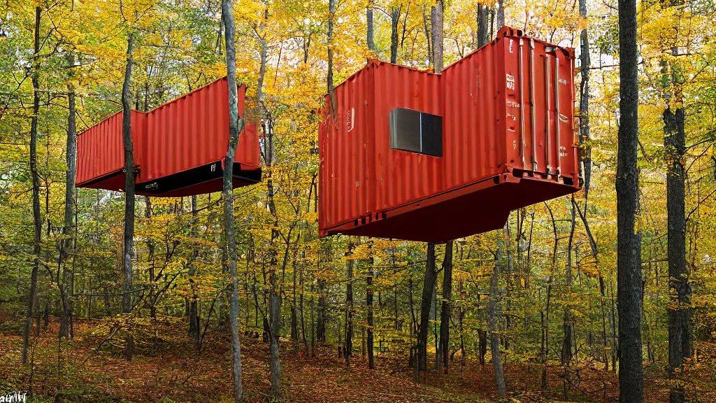 Image similar to modernist shipping container treehouses in william penn state forest, pennsylvania, usa, autumn