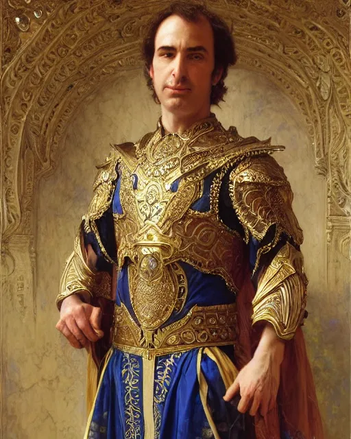 Prompt: Saul Goodman, dressed in ornate, detailed, intricate iridescent opal armor, detailed oil painting by William Adolphe Bouguereau and Donato Giancola