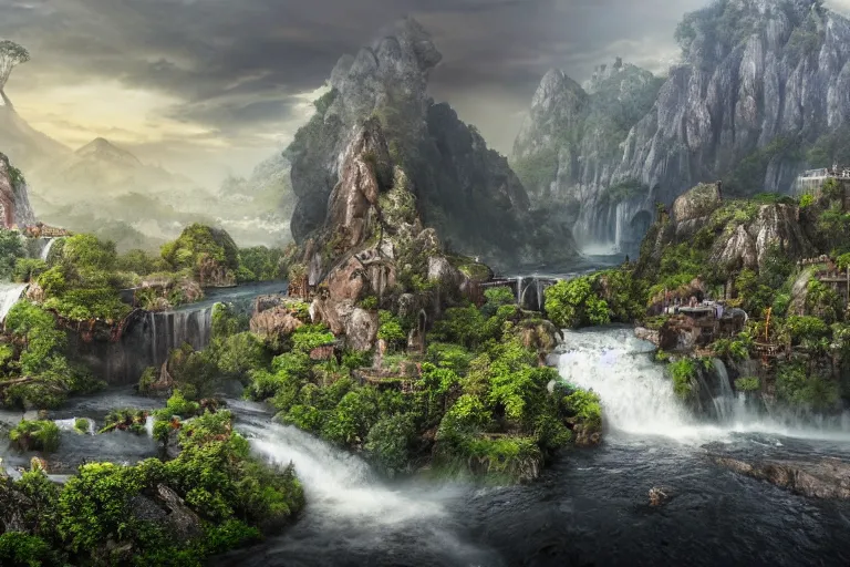 Image similar to Fantasy world with mountains in the bacground and waterfall with river on the bottom, on the right dense jungle forest, on the left ancient city with many bridges, highly detailed, matte painting, wide lens, overcast sky, ultra realistic, 4k, 8k resolution, trending on artstation, octane render, unreal engine, cinematic