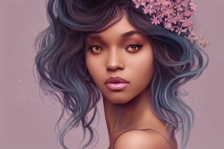 Image similar to beautiful black woman with gorgeous pastel balayage hairstyle, as seen on artgerm, octane render, in the style of alphonse mucha, ultra realistic, highly detailed, 8 k