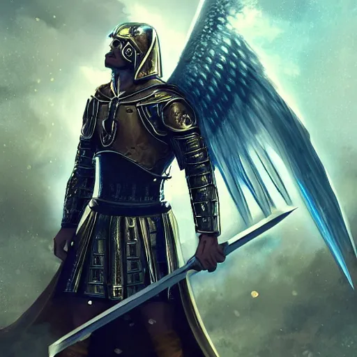 Image similar to An archangel man standing in a medieval battlefield holds a white fantasy sword above his head, light comes down from above and refracts off of the swords tip into shattered beam fragments around his body, artstation, award winning art, highly detailed incredible art