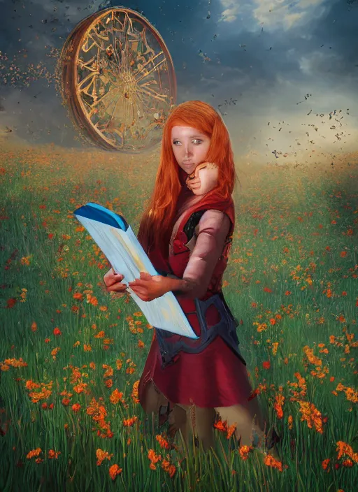 Image similar to An epic fantasy comic book style portrait painting of a young red headed girl reading a book in a field of flowers surrounded by bees in the style of the wheel of time, unreal 5, DAZ, hyperrealistic, octane render, cosplay, RPG portrait, dynamic lighting