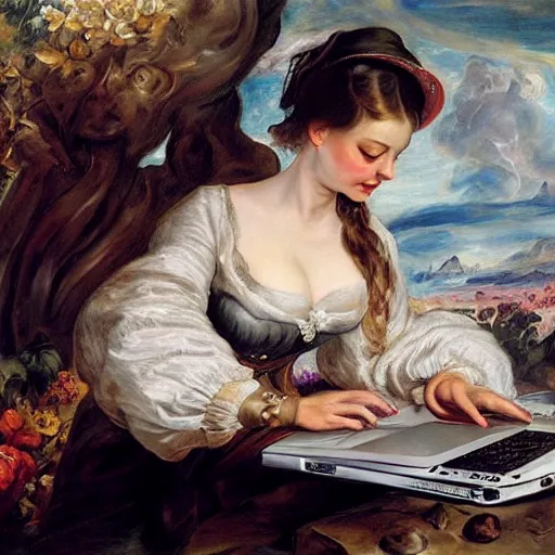 Prompt: heavenly summer sharp land sphere scallop well dressed lady working on her laptop, auslese, by peter paul rubens and eugene delacroix and karol bak, hyperrealism, digital illustration, fauvist