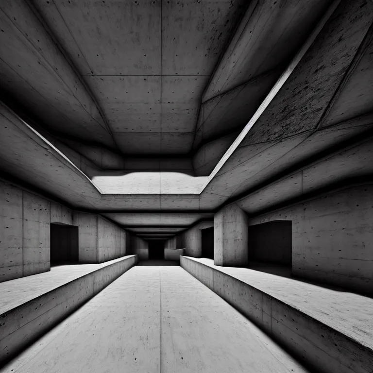 Image similar to Concrete huge dark-gray multi-layered underground structure with multiple floors and a plus-shaped cleft in the center. Inside view, straight lines, corners, high detailed, details, ultra realistic, photorealism, 8k, doorways, wide shot, symmetrical, brutalism, ray of light, architecture, volumetric lighting, cinematic, shadows