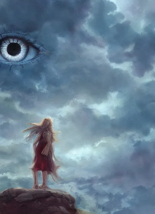 Image similar to a beautiful painting of a single eye in a cloudy sky, fantasy art, matte painting, beautiful colors