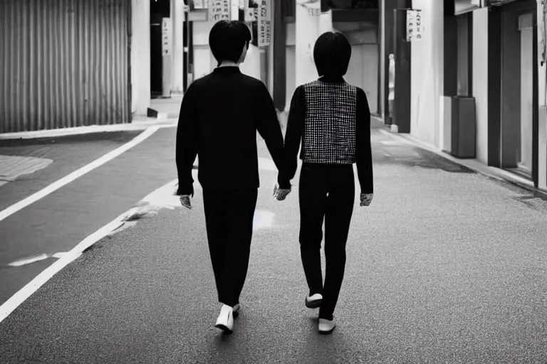 Image similar to still photo of two japanese couple holding hands on the street, black and white color aesthetic, highly detailed, photorealistic portrait, bright studio setting, studio lighting, crisp quality and light reflections, unreal engine 5 quality render