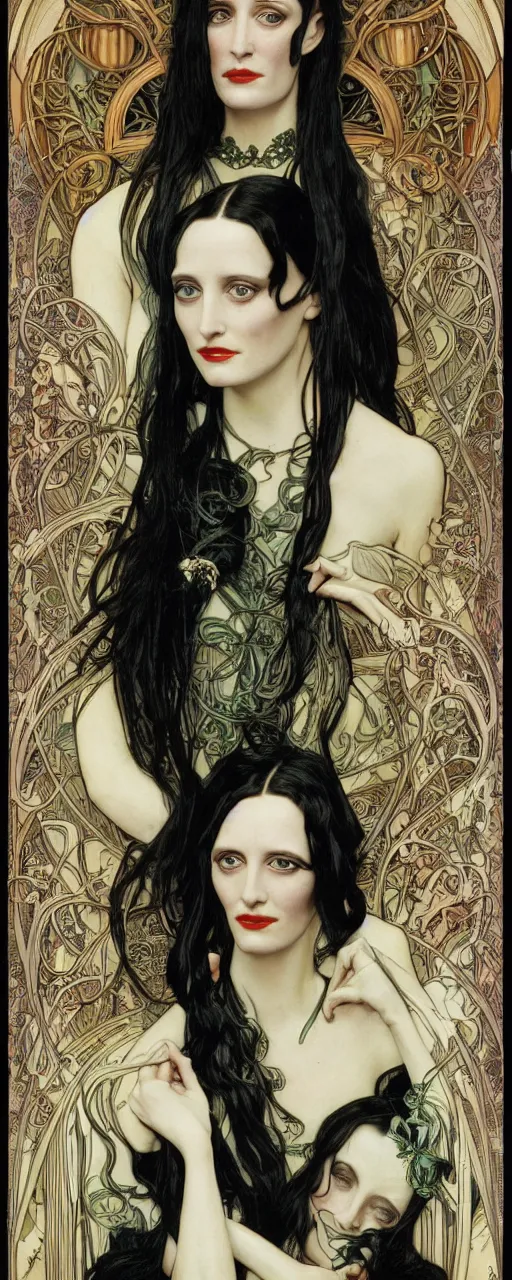 Image similar to stunning hyperdetailed art nouveau portrait of eva green wednesday addams and anjelica huston as the mythological 3 witches, by chris achilleos, michael kaluta and alphonse mucha, photorealism, extremely beautiful, perfect symmetrical facial features, perfect anatomy, strong confident eyes, eldritch powers, witchcraft, magic energy