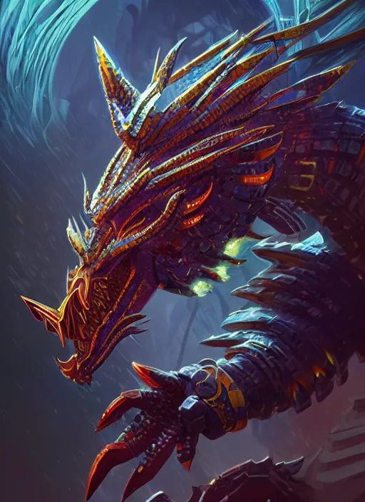 Image similar to a highly detailed illustration of cyber aztec dragon warrior, intricate, elegant, highly detailed, centered, digital painting, artstation, concept art, smooth, sharp focus, league of legends concept art, wlop.