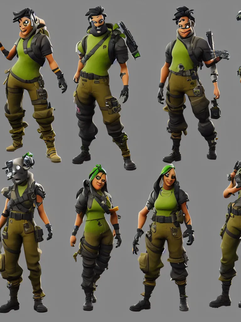 Image similar to fortnite character design, anthropomorphic pickle, kind eyes and a derpy smile. flak jacket, ammo bandolier, cargo pants, black combat boots. fortnite style, unreal engine