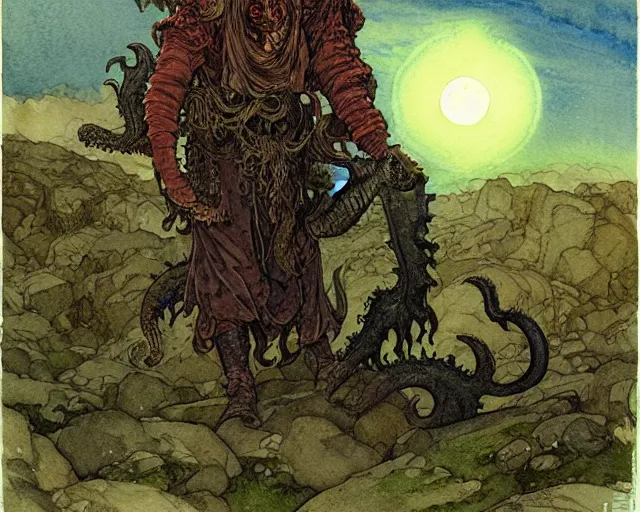 Prompt: a realistic and atmospheric watercolour fantasy character concept art portrait of a giant four legged lovecraftian demon stalking the moors of ireland at night. by rebecca guay, michael kaluta, charles vess and jean moebius giraud