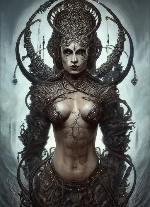 Image similar to full portrait of queen of the third eye, black metal shiny skin. intricate, elegant, highly detailed, centered, digital painting, artstation, concept art, smooth, sharp focus, illustration, artgerm, tomasz alen kopera, peter mohrbacher, donato giancola, joseph christian leyendecker, wlop, frank frazetta