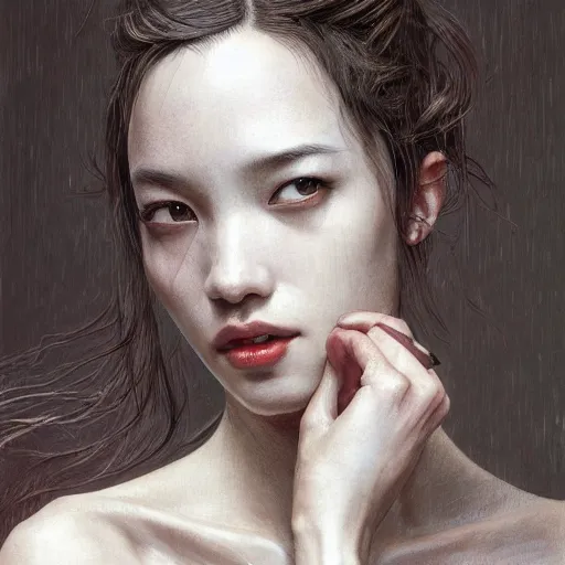 Image similar to Kiko Mizuhara, physically accurate, dramatic dynamic lighting, intricate, elegant, highly detailed, digital painting, artstation, very hyperrealistic, HR GIGER, Hieronymus Bosch, Francis Bacon, concept art, smooth, sharp focus, illustration, art by artgerm and greg rutkowski and alphonse mucha