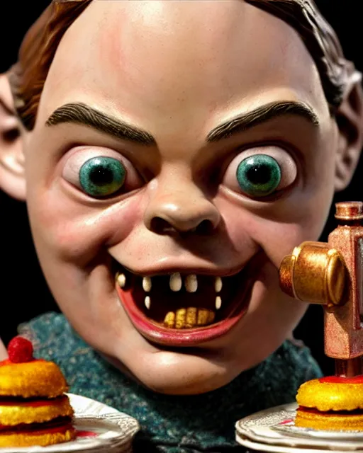 Image similar to highly detailed closeup, face profile portrait of a tin toy leonardo dicaprio as a medieval goblin eating cakes in a castle, hyper realistic, artstation, illustration, nicoletta ceccoli, mark ryden, lostfish, dan decarlo, bob clampett, max fleischer, digital paint, matte paint, vivid colors, detailed and intricate environment