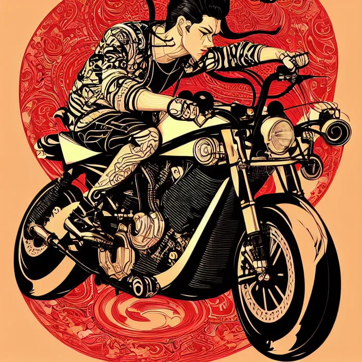Image similar to Dangerous Biker illustration, vector art style, medium shot, intricate, elegant, highly detailed, digital art, ffffound, art by JC Leyendecker and sachin teng
