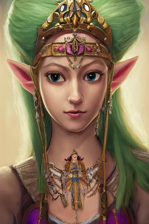 Image similar to beautiful very detailed portrait of a zelda princess with lots of jewelry in the face, full body, in the background there is a minimalistic palace, digital art , dramatic cinematic lighting rendered by octane, 8k, detailed, intricate, clean and textures, trending on artstation, treanding on deviantart, trending on cgsociety, pinterest, by Lauren Brevner + yasutomo oka