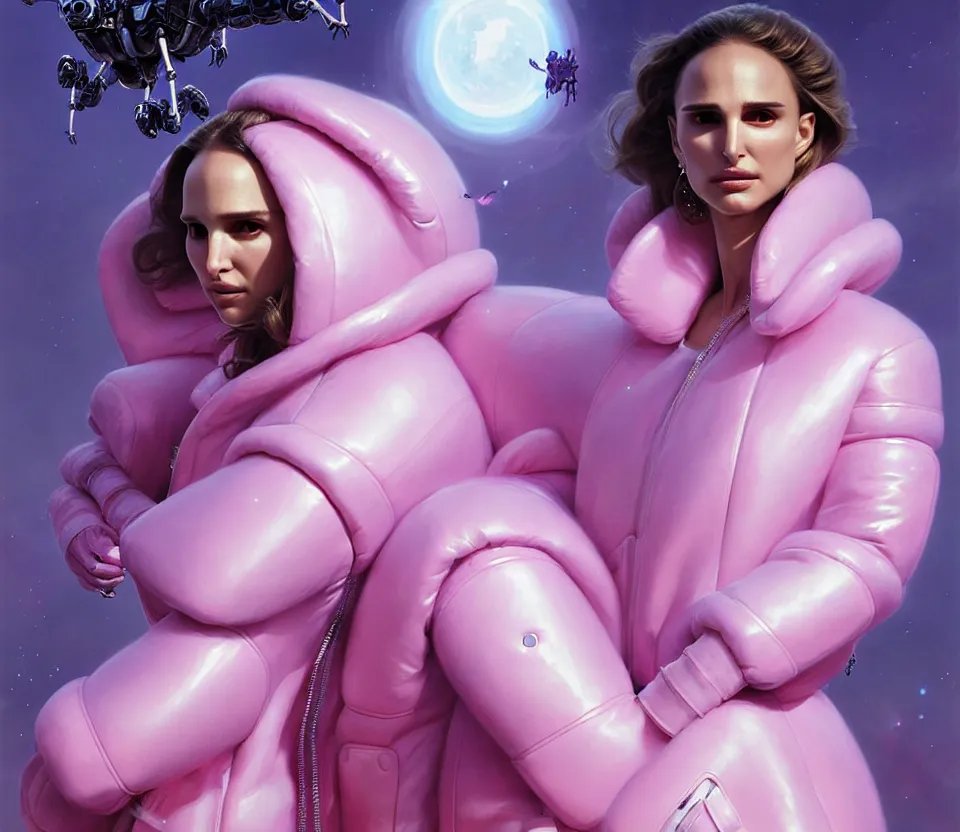 Prompt: beautiful fantasy character portrait, natalie portman, wearing pink puffy bomber jacket with white fur, seductive reclining pose, futuristic chrome drones, ultra realistic, dramatic lighting, robots, terminator artifacts, highly detailed by peter mohrbacher, hajime sorayama, wayne barlowe, boris vallejo, aaron horkey, gaston bussiere, craig mullins