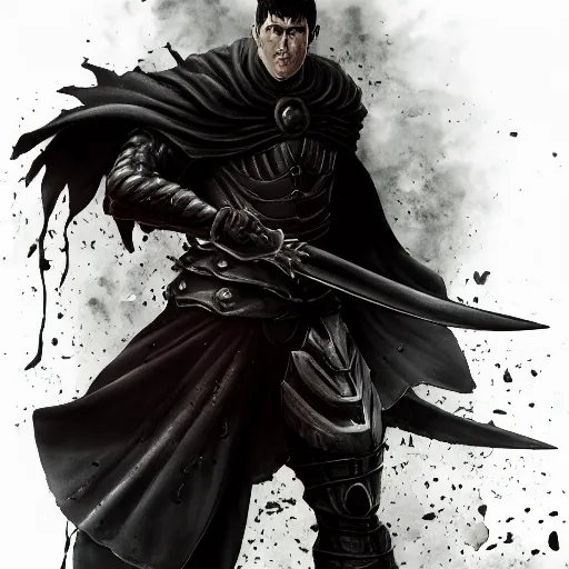 Prompt: portrait of guts from berserk, big sword, fierce expression, black cape, dark fantasy, gritty, trending on artstation