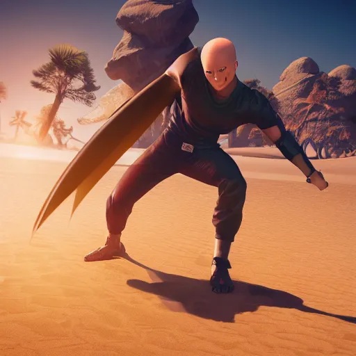 Image similar to onepunchman in sand beach, pixiv, instagram photo, 8 k, octane render, unreal engine 5, cinematic, full hd, ultra realistic, ultra detailed, 8 k 3 d