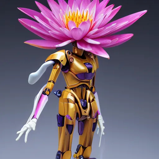 Prompt: futuristic nymphaea themed mecha waterlily upper body, flower sepals forming helmet, evangelion, nymphaea, 8 k hd resolution, barbatos gundam textured with waterlily pads, bandai box art, star wars, makoto kobayashi, frank gehry, raymond swanland