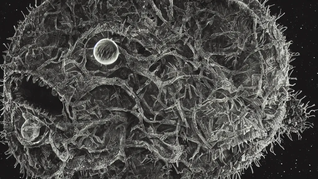 Image similar to a beautiful microscopic scientific photo of a coronavirus and a strange life form seen through an electron microscope, dark, sinister, detailed, art by Greg Rutkowski