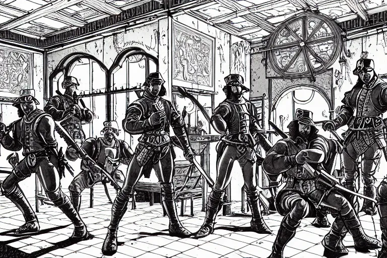 Image similar to cel - shaded establishing shot of a rag - tag team of mercenaries in an old tavern in a late renaissance city, key visual with intricate linework, in the style of moebius, ayami kojima, 9 0's anime, retro fantasy