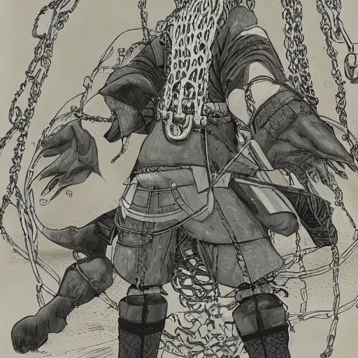 Image similar to A FULL BODY PORTRAIT FROM BEHIND OF MADARA UCHICHA ,THE MAN KEEPS A KUSARIGAMA AND IT IS WRAPPED IN CHAINS ,detailed, concept art, ink style , sketch