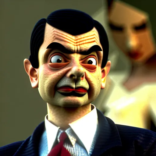 Prompt: mr. bean in vampires kiss. movie still. cinematic lighting.