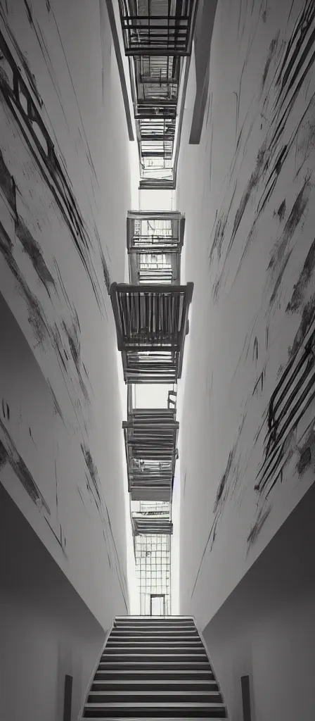 Prompt: colorful minimalist industrial interior stairwell with monolithic pillars in the style of ridley scott and stanley kubrick, impossible stijl architecture, lone silhouette in the distance, ultra wide angle view, cinematic, god rays, volumetric lighting, realistic detailed painting by edward hopper