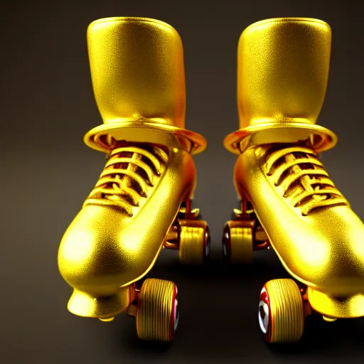 Image similar to a pair of golden roller skates, hyper realistic art concept by hush lino, 4 k ultra fine detail high resolution octane render