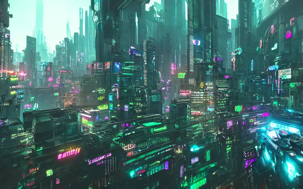 Prompt: highly futuristic cityscapes, cyberpunk aesthetics, intricate detail, neon color scheme, rendered in cryengine