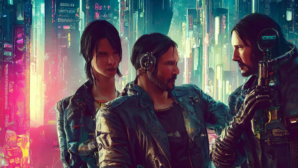 Prompt: a cyberpunk 2077 srcreenshot couple portrait of Keanu Reeves and a female android final kissed in night city,love,romantic,film lighting,by Lawrence Alma-Tadema,Andrei Riabovitchev,Laurie Greasley,Dan Mumford,John Wick,Speed,Replicas,artstation,deviantart,FAN ART,full of color,intricate,concept art,smooth,elegant,Digital painting,illustration,sharp focus,face enhance,highly detailed,8K,octane,golden ratio,cinematic lighting