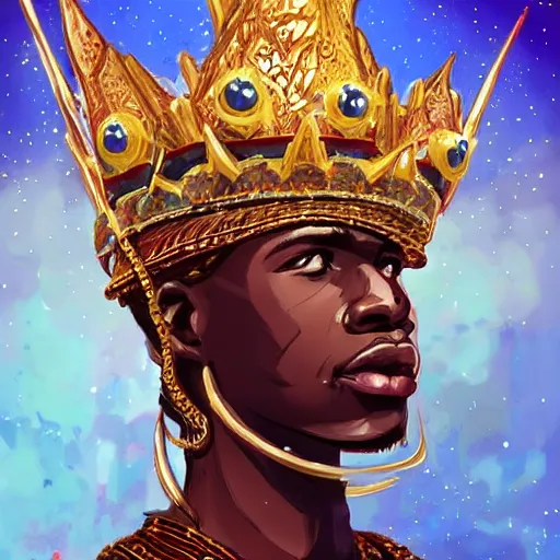 Image similar to a young black boy dressed like an african moorish warrior in gold armor and a crown with a ruby, and a very ornate glowing scimtar, for honor character digital illustration portrait design, by android jones in a psychedelic fantasy style, dramatic lighting, hero pose, wide angle dynamic portrait