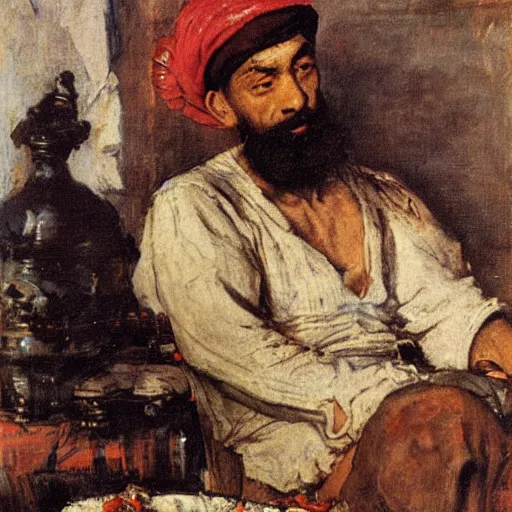 Prompt: Ferdinand Magellan eating cement, oil on canvas, by Juan Luna