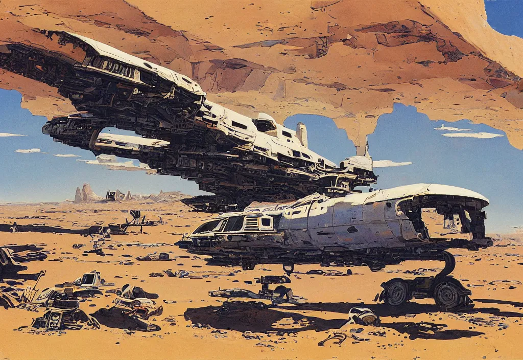 Image similar to remains of a spaceship in a desert by robert mccall