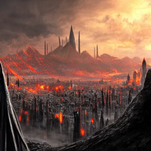 Prompt: mordor as a bustling city, extremely detailed, sharp focus, skyline, vast, gothic, lord of the rings, mount doom, 4 k, fantasy, concept art, gritty