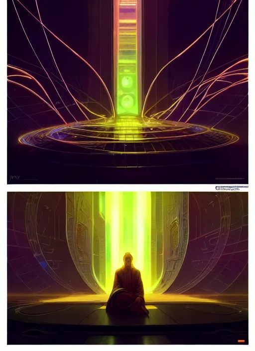 Prompt: high depth, collective civilization unity, calm, healing, resting, life, hybrids, scifi, glowing lights!!, published concept art, mixed medias, image overlays, sharp focus, thin glowing wires, winning illustration, art by greg rutkowski and alphonse mucha, singularity!!!, 3 6 0 projection