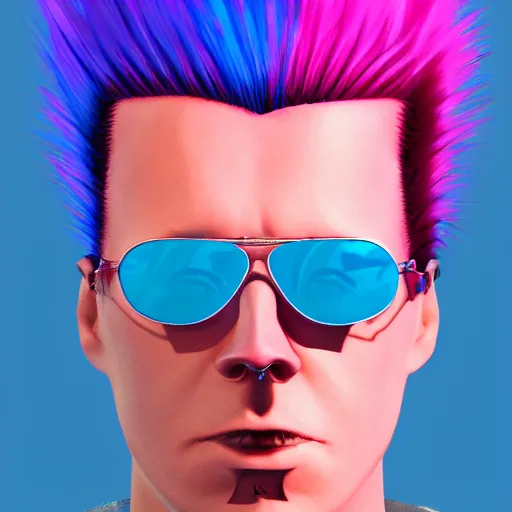 Prompt: Beavis and Butthead, pink and blue mohawk hairstyle, aviator sunglasses, synthwave style, portrait, artstation, detailed, award winning, dramatic lighting