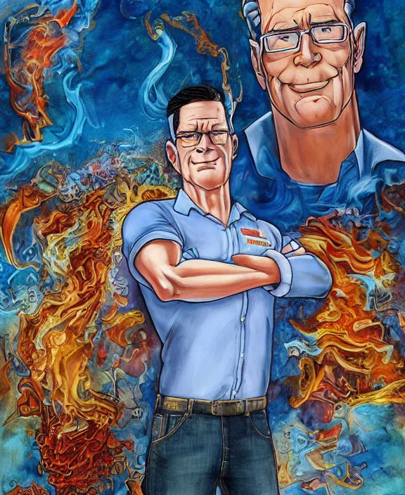 Image similar to normal hank hill wearing bluejeans and white tshirt, the god of propane, blue flames, propane tanks, magic realism, art by mike judge, art by josephine wall, art by huang guangjian, art by viktoria gavrilenko, art by amanda sage, trending on artstation