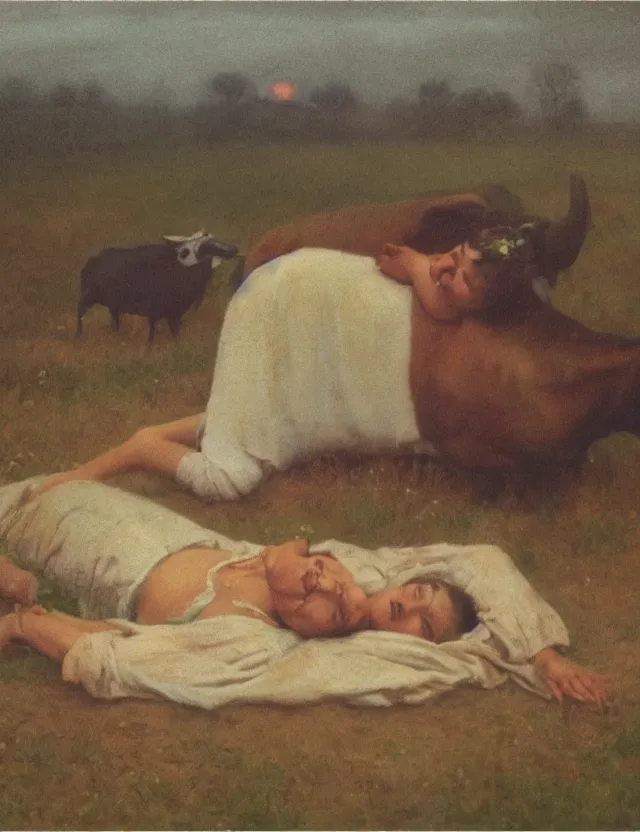 Prompt: peasant girl laying on a cow on a farm, cottage core, polaroid photo bleached vintage pastel colors high - key lighting, soft lights, foggy, by steve hanks, by lisa yuskavage, by serov valentin, by tarkovsky, 8 k render, detailed, oil on canvas