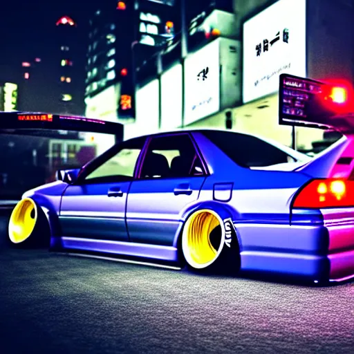 Image similar to a car JZX90 twin turbo drift at illegal car meet, Shibuya prefecture, city midnight mist lights, cinematic lighting, photorealistic, highly detailed wheels, high detail